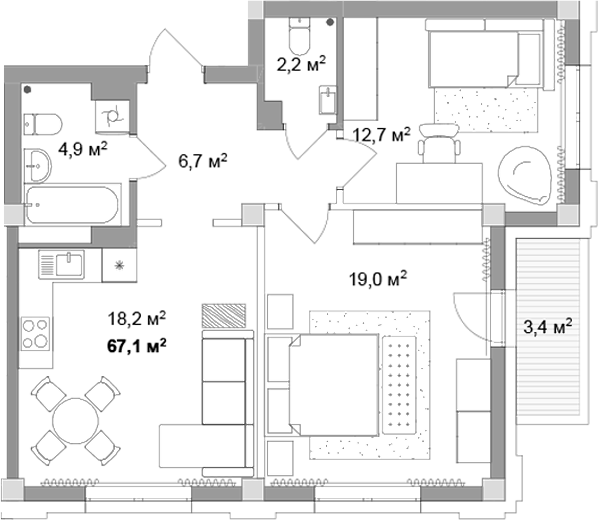 Планировка 3е-к.кв 63.70 м² в ЖК «Мегаполис»