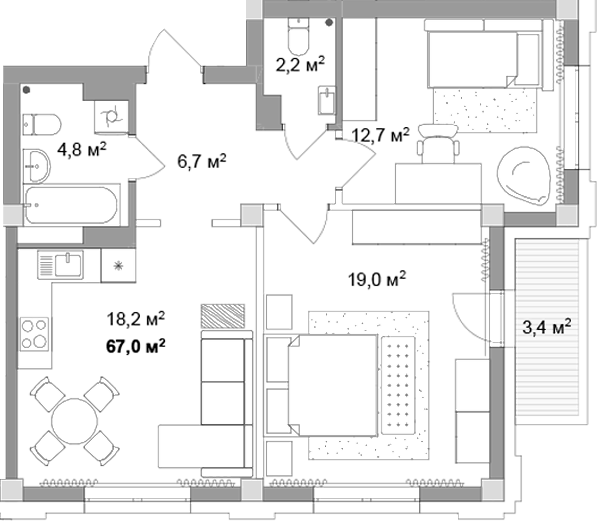 Планировка 3е-к.кв 63.60 м² в ЖК «Мегаполис»