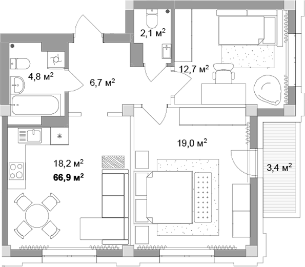 Планировка 3е-к.кв 63.50 м² в ЖК «Мегаполис»
