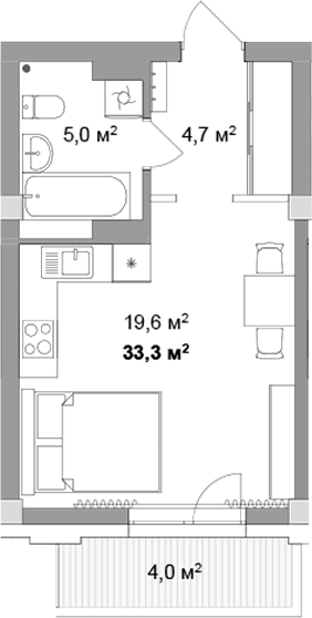 Планировка студии 29.30 м² в ЖК «Мегаполис»