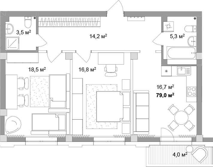 Планировка 3е-к.кв 75.00 м² в ЖК «Мегаполис»