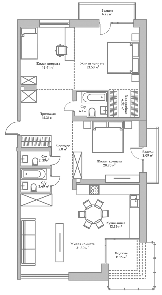 Планировка 4е-к.кв 138.44 м² в ЖК «Flora&Fauna»