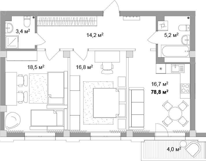 Планировка 3е-к.кв 74.80 м² в ЖК «Мегаполис»
