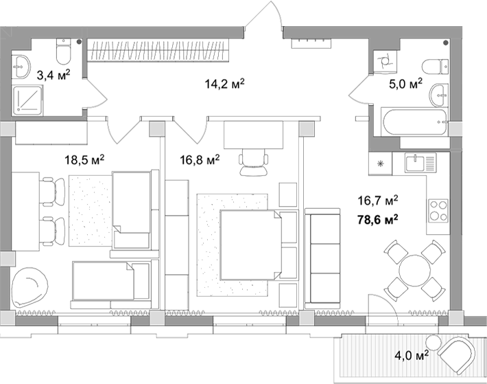 Планировка 3е-к.кв 74.60 м² в ЖК «Мегаполис»
