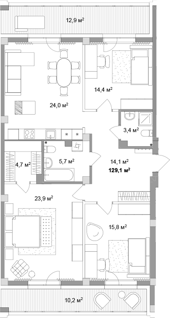 Планировка 4е-к.кв 106.00 м² в ЖК «Мегаполис»