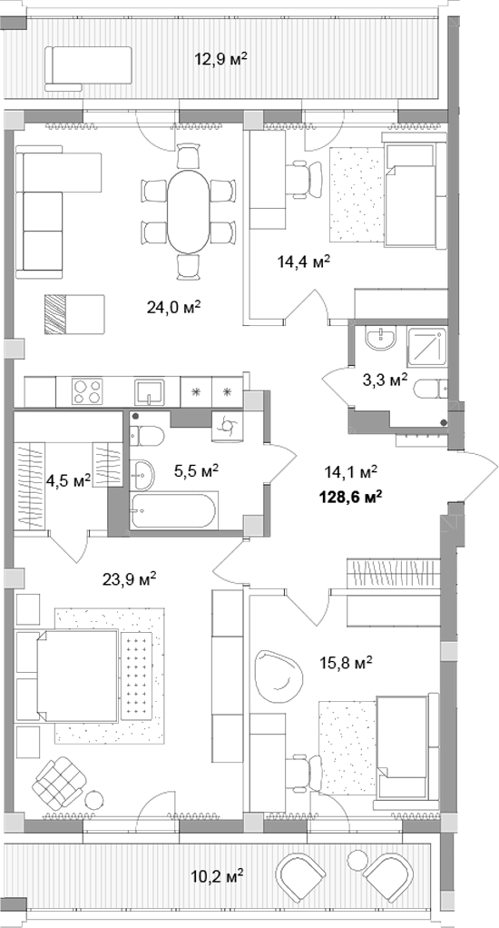 Планировка 4е-к.кв 105.50 м² в ЖК «Мегаполис»