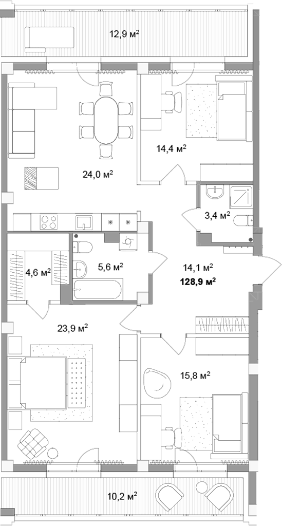Планировка 4е-к.кв 105.80 м² в ЖК «Мегаполис»