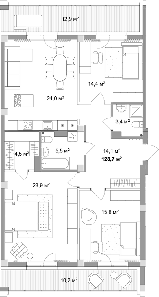 Планировка 4е-к.кв 105.60 м² в ЖК «Мегаполис»