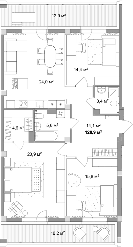 Планировка 4е-к.кв 105.80 м² в ЖК «Мегаполис»