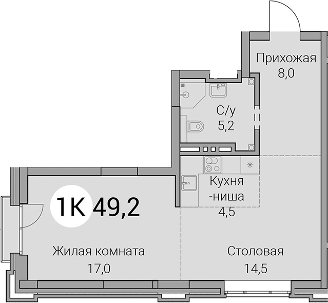 Планировка 2е-к. квартира 49.20 м² в ЖК «Тайм Сквер»