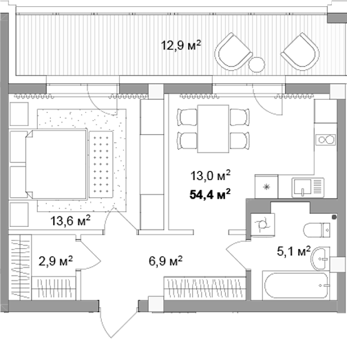 Планировка 2е-к.кв 41.50 м² в ЖК «Мегаполис»