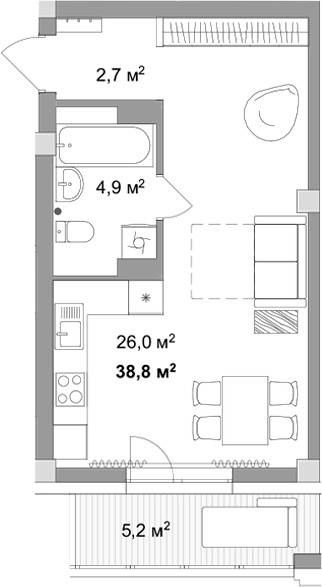 Планировка студии 33.60 м² в ЖК «Мегаполис»