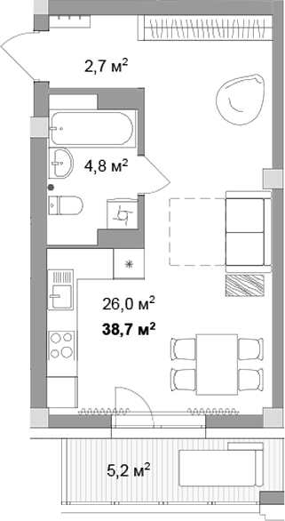 Планировка студии 33.50 м² в ЖК «Мегаполис»