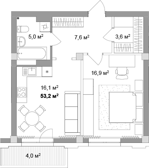 Планировка 2е-к.кв 49.20 м² в ЖК «Мегаполис»