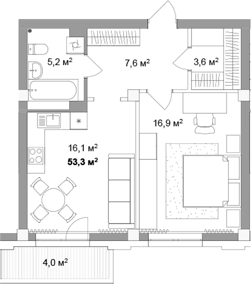Планировка 2е-к.кв 49.30 м² в ЖК «Мегаполис»