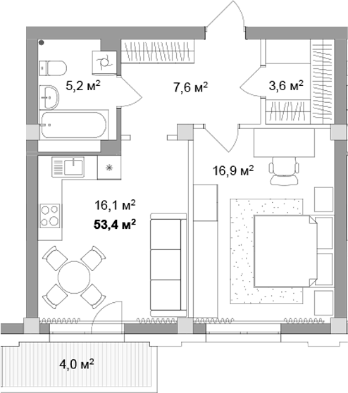 Планировка 2е-к.кв 49.40 м² в ЖК «Мегаполис»