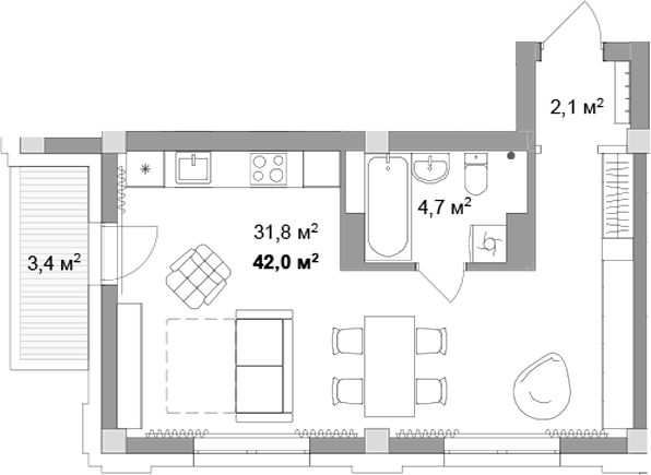 Планировка студии 38.60 м² в ЖК «Мегаполис»