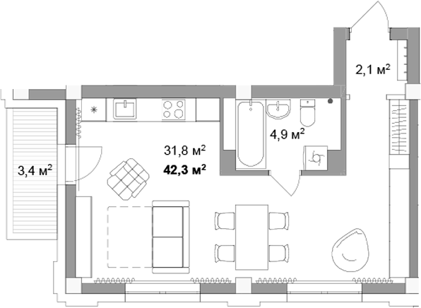 Планировка студии 38.80 м² в ЖК «Мегаполис»