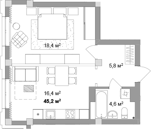 Планировка 2е-к.кв 45.20 м² в ЖК «Мегаполис»