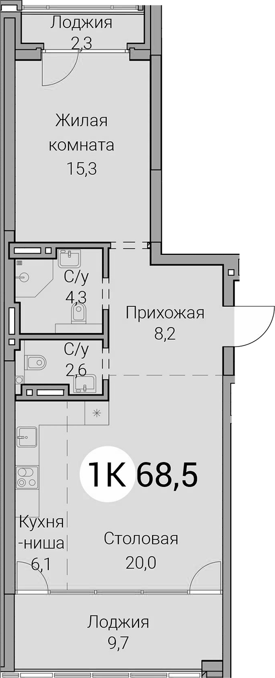 Планировка 2е-к.кв 56.50 м² в ЖК «Тайм Сквер»