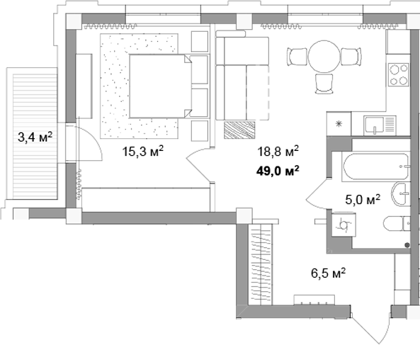 Планировка 2е-к.кв 45.60 м² в ЖК «Мегаполис»