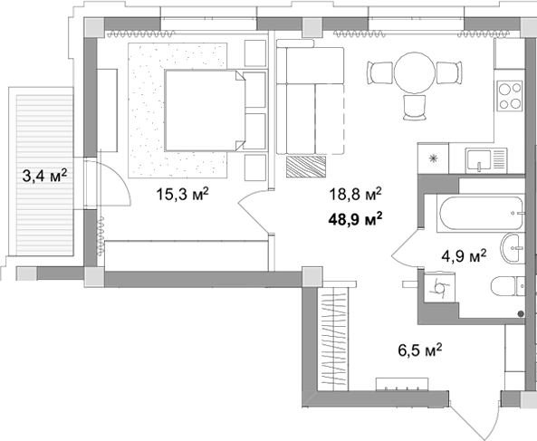 Планировка 2е-к.кв 45.50 м² в ЖК «Мегаполис»