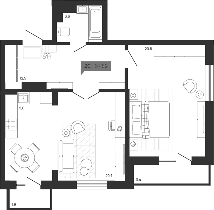 Планировка 2е-к.кв 62.52 м² в ЖК «Зоркий парк»