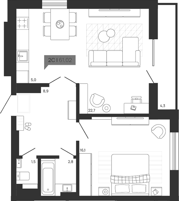 Планировка 2е-к.кв 56.72 м² в ЖК «Зоркий парк»