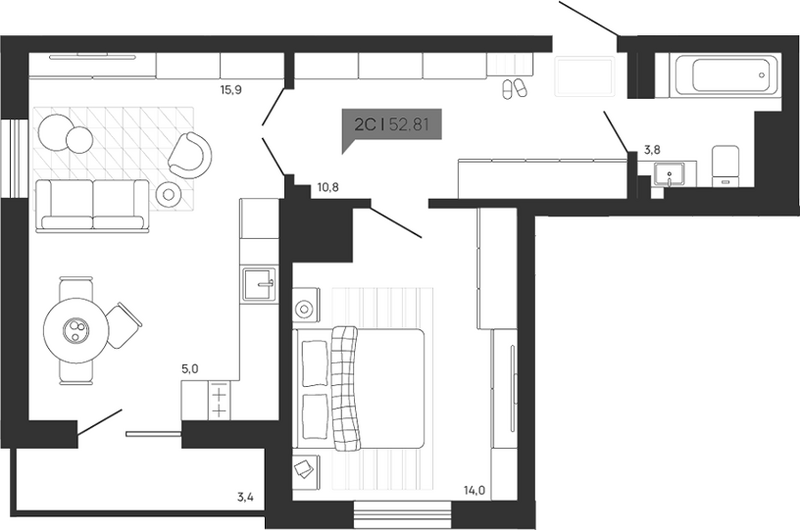 Планировка 2е-к.кв 49.41 м² в ЖК «Зоркий парк»