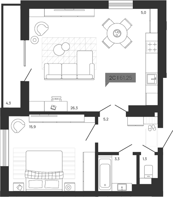 Планировка 2е-к.кв 56.95 м² в ЖК «Зоркий парк»