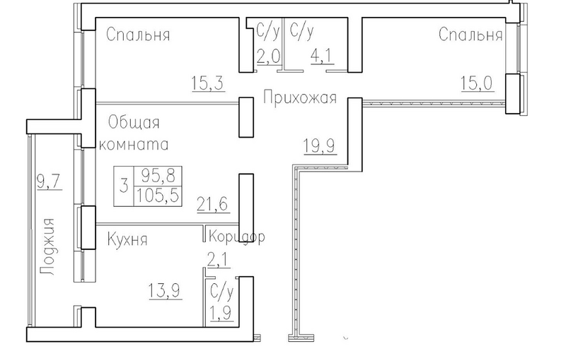 Планировка 3-к.кв 95.80 м² в ЖК «Кольца»