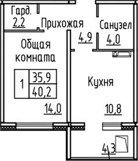 Планировка 1-к.кв 35.90 м² в ЖК «Фламинго»