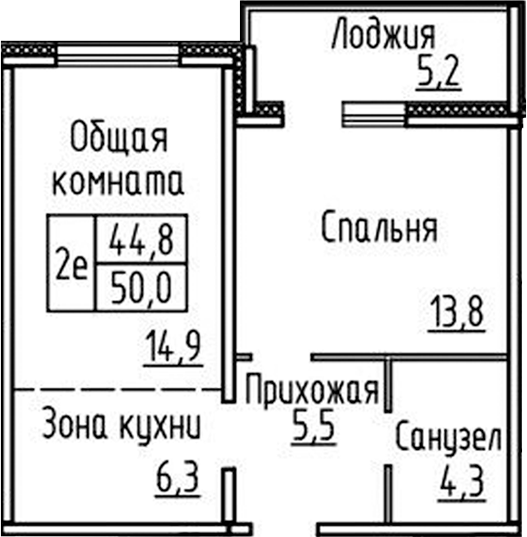 Планировка 2е-к.кв 44.80 м² в ЖК «Фламинго»