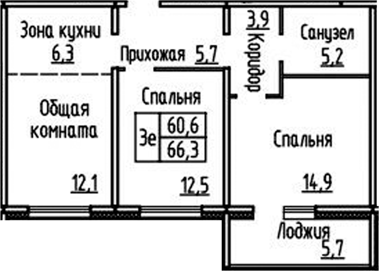 Планировка 3е-к.кв 60.60 м² в ЖК «Фламинго»