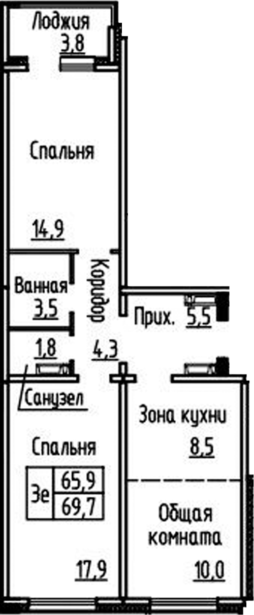 Планировка 3е-к.кв 65.80 м² в ЖК «Фламинго»