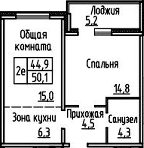 Планировка 2е-к.кв 44.80 м² в ЖК «Фламинго»