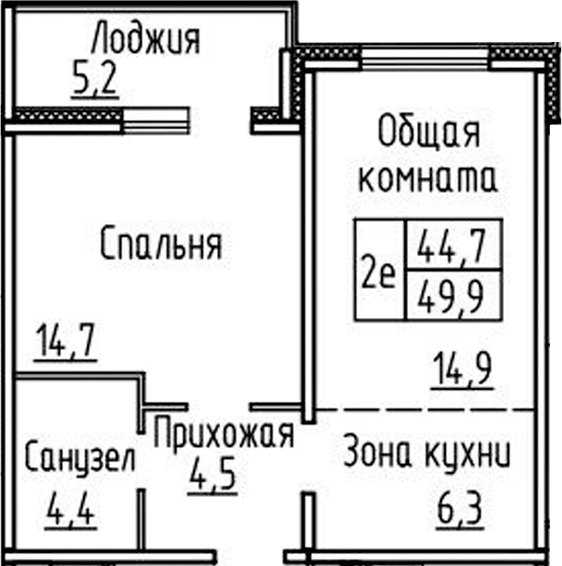 Планировка 2е-к.кв 44.70 м² в ЖК «Фламинго»