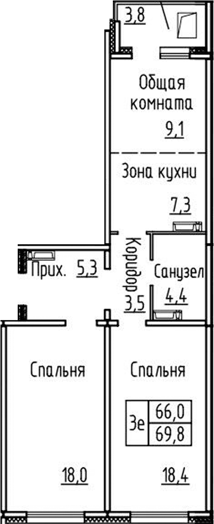 Планировка 3е-к. квартира 66.00 м² в ЖК «Фламинго»
