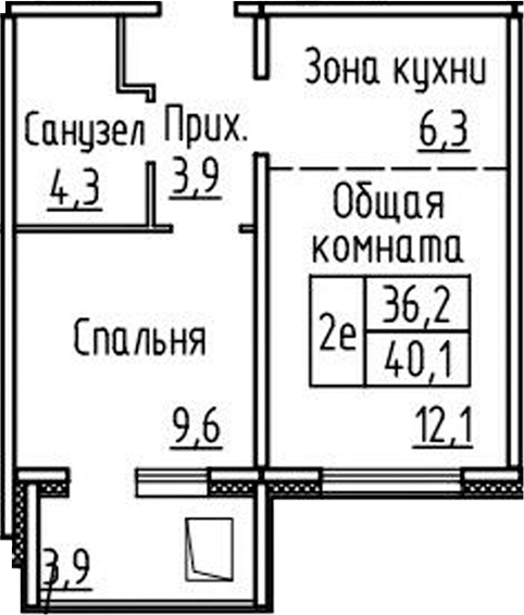 Планировка 2е-к.кв 36.20 м² в ЖК «Фламинго»