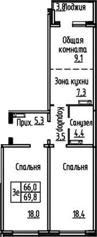 Планировка 3е-к.кв 65.80 м² в ЖК «Фламинго»