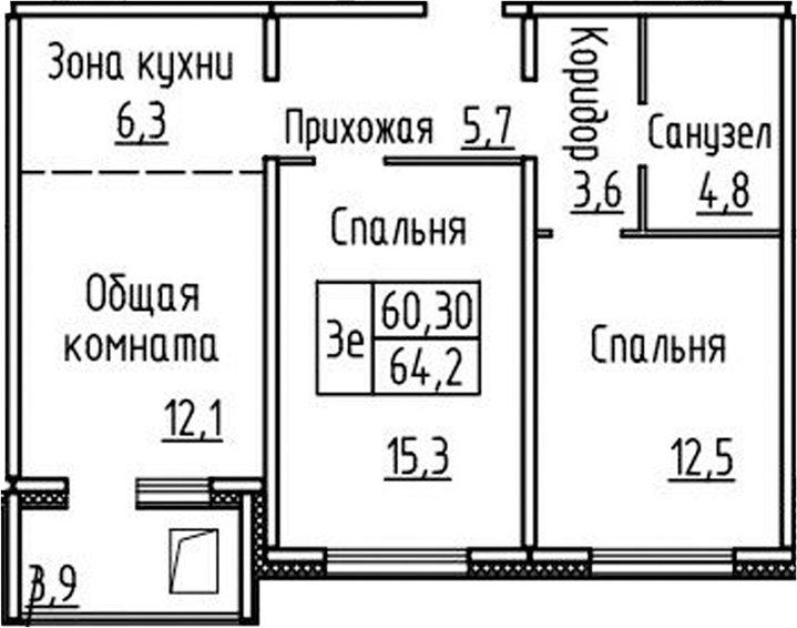 Планировка 3е-к.кв 60.30 м² в ЖК «Фламинго»