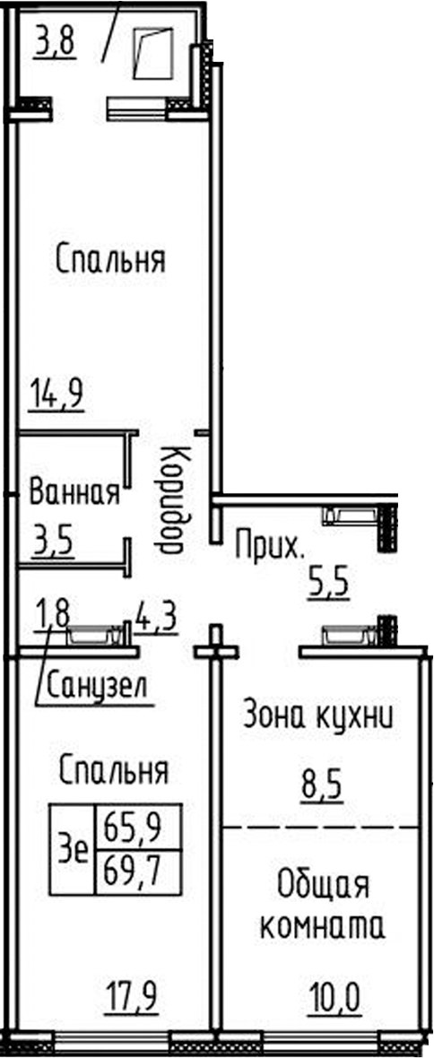 Планировка 3е-к.кв 65.90 м² в ЖК «Фламинго»