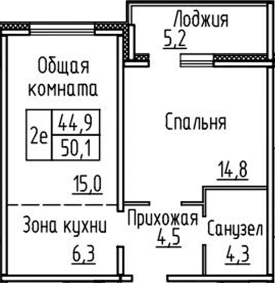 Планировка 2е-к.кв 44.90 м² в ЖК «Фламинго»