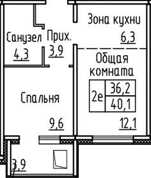 Планировка 2е-к.кв 36.20 м² в ЖК «Фламинго»