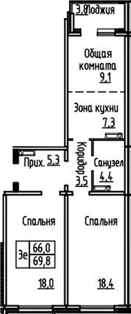 Планировка 3е-к.кв 65.80 м² в ЖК «Фламинго»