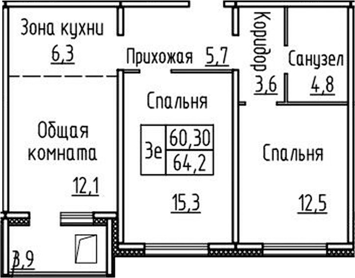 Планировка 3е-к.кв 60.30 м² в ЖК «Фламинго»