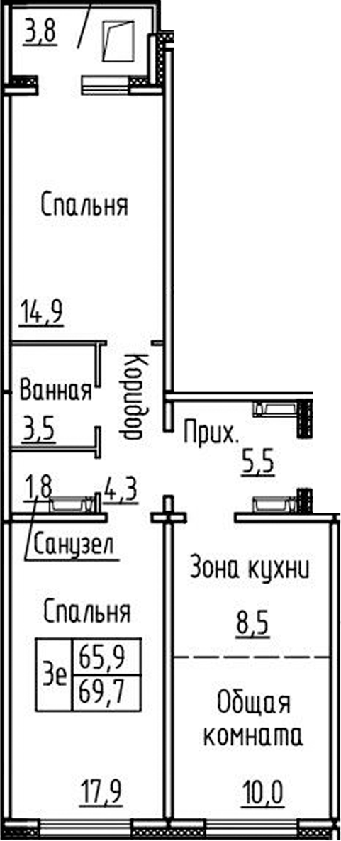 Планировка 3е-к.кв 65.90 м² в ЖК «Фламинго»