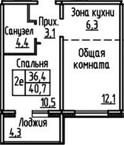Планировка 2е-к.кв 36.40 м² в ЖК «Фламинго»