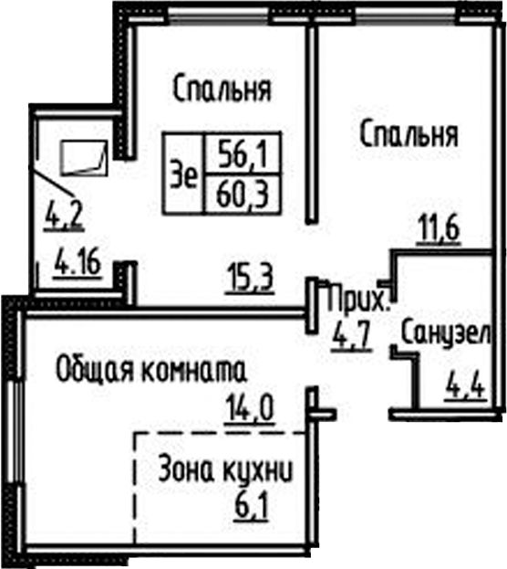 Планировка 3е-к.кв 56.10 м² в ЖК «Фламинго»
