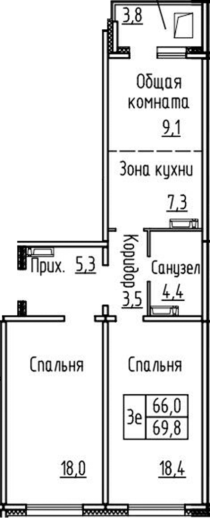 Планировка 3е-к. квартира 66.00 м² в ЖК «Фламинго»